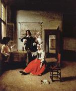 Pieter de Hooch Weintrinkende woman in the middle of these men oil on canvas